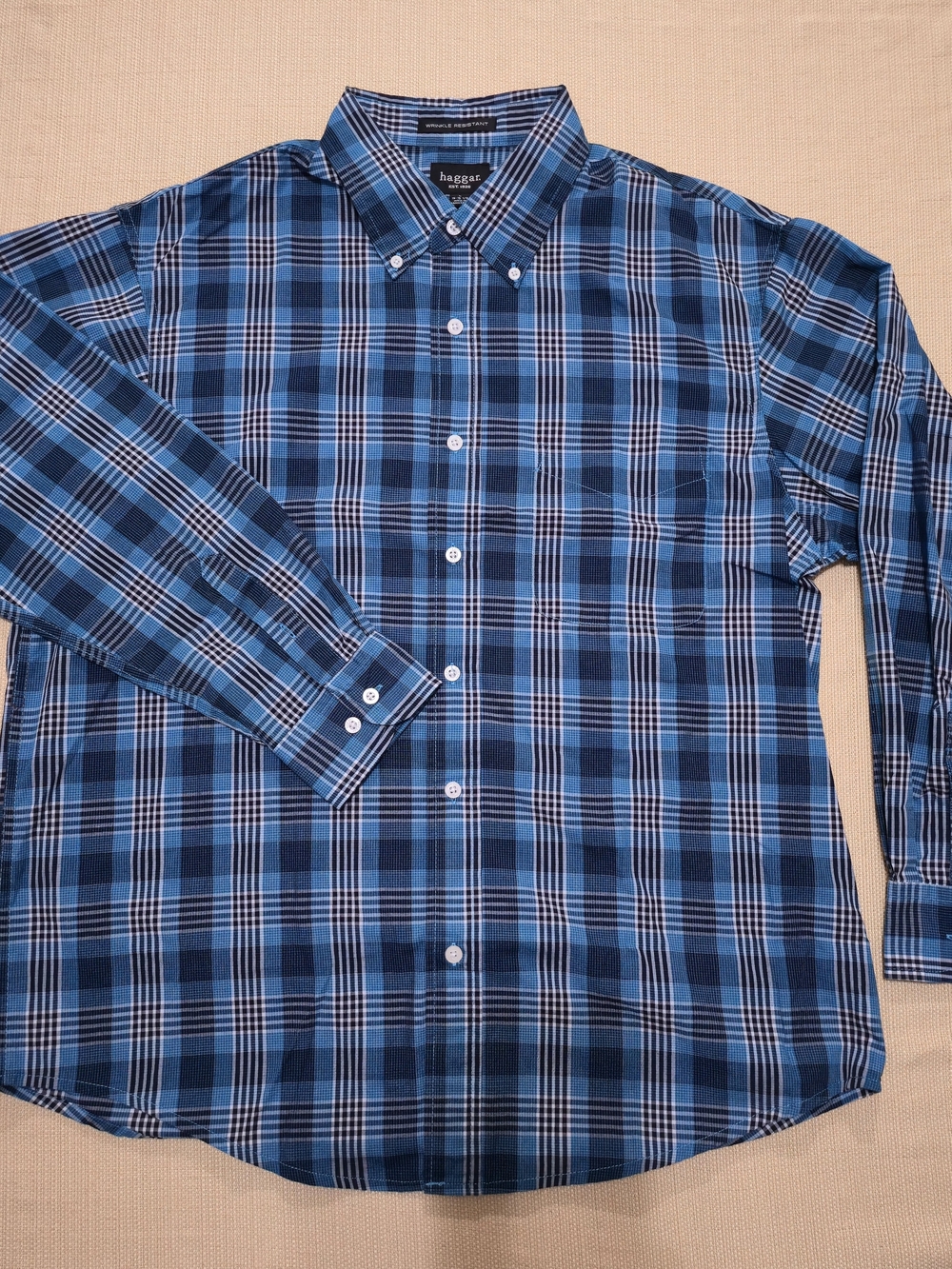 Haggar Blue Plaid Check Button-Down Long Sleeve Polo LARGE Wrinkle Resistant 035